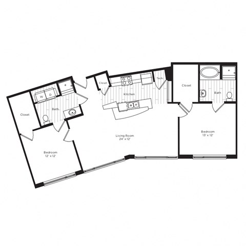Floor plan for 2 beds, 2 baths, 1145 sqft